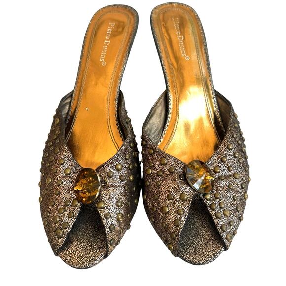 Pierre Dumas Bronze Studded Peep Toe Mule Heels w/ Jewel Accent Size 11 - Picture 1 of 9